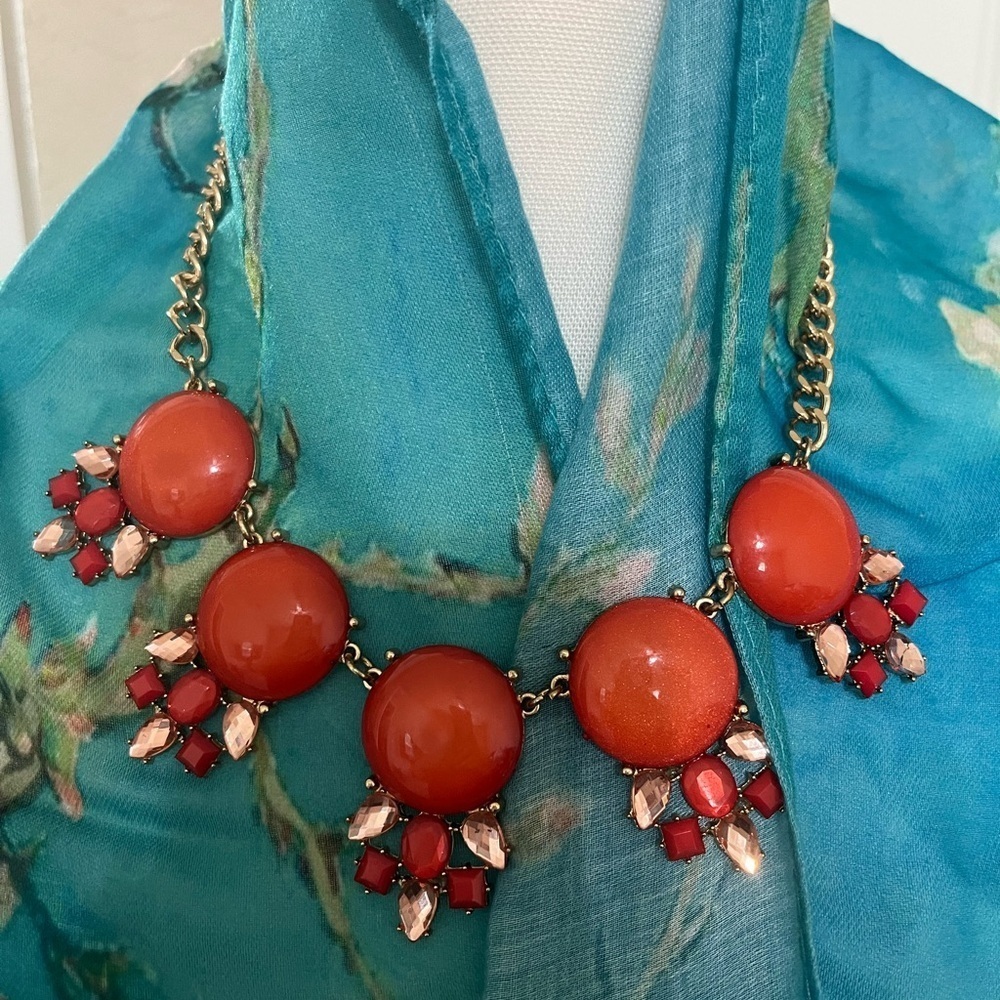 Boho Orange Gem Faceted Vintage Necklace Gold-tone chain lobster claw clasp
